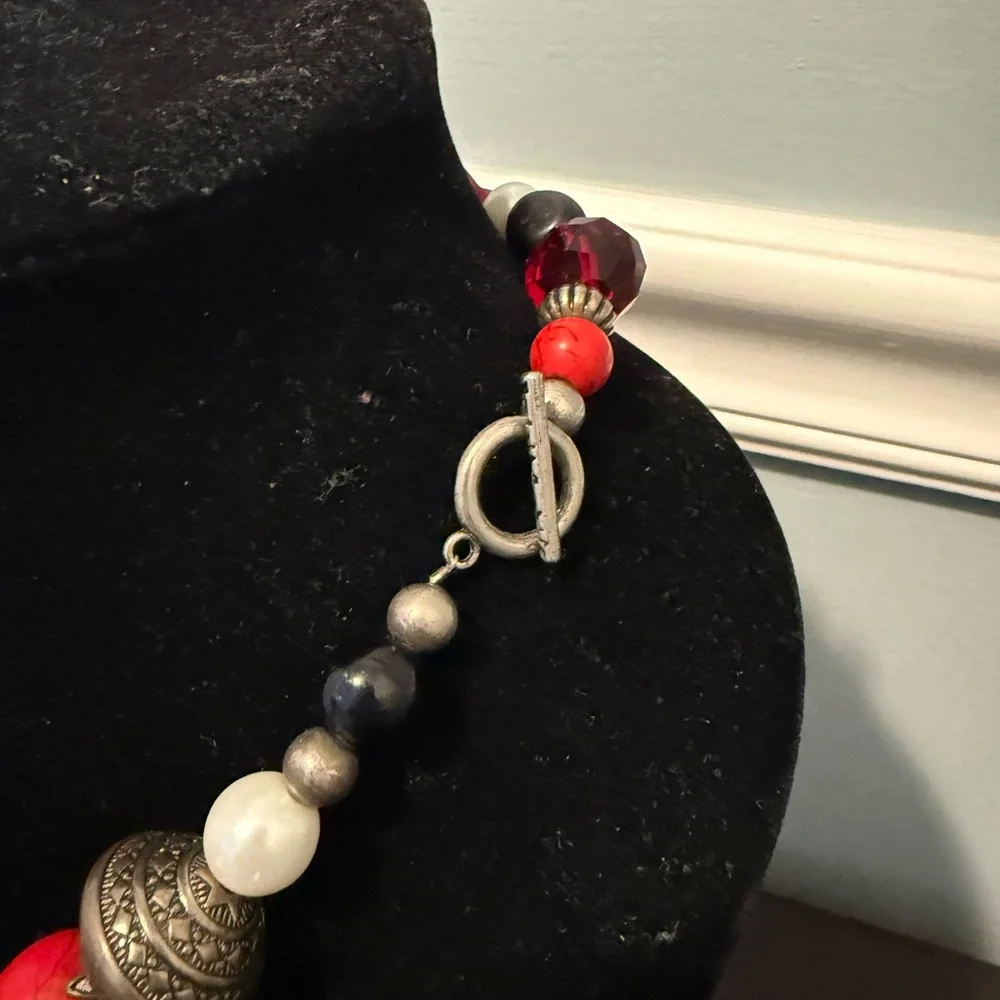 handmade bohemian-style red, black, and silver stone and metal beaded necklace